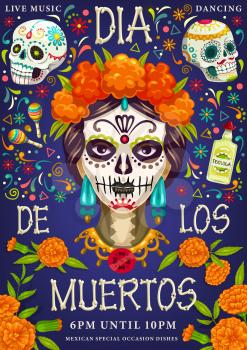 Dia de los Muertos, Day of dead party. Vector Dia de los Muertos traditional calavera skull with marigold floral pattern, fiesta tequila and maracas with skeleton bones lettering greeting