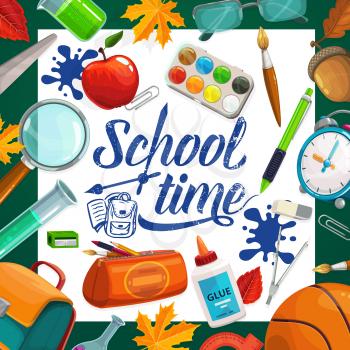 School time ink inscription and stationery items. Vector pencil case and glue, 1 st September leaves and kids backpack. Apple snack and pen, clock and sharpener, basketball ball, glasses and magnifier