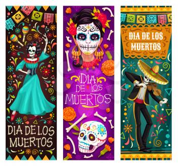 Dia de los Muertos or Day of Dead Mexican holiday banners. Vector skeleton in sombrero playing violin and woman with calavera skull painting dancing on traditional Dia de los Muertos celebration