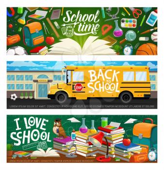 I love study, back to school grunge inscriptions, bus, stationery items and building. Vector educational supplies and lesson learning objects. Stacks of books, backpack and lamp, microscope and flask