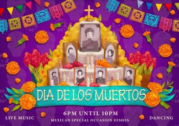 Dia de los Muertos or Day of Dead Mexican traditional holiday. Vector Dia de los Muertos altar family photo frames in marigold flowers, cross and ritual pie with calavera skulls and pecked paper flags