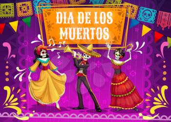 Dia de los Muertos skeletons and Catrina dancing on mexican holiday fiesta party in sombrero, suit and dress. Day of the Dead festival and Latin American religion carnival mariachi musicians. Vector