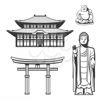 Japanese tradition, religion and culture symbols. Vector Torii gate and Shinto shrine or traditional Japanese house, Buddhism and Shintoi Buddha, Budai, Hotei or Pu-Tai monk statue icoins