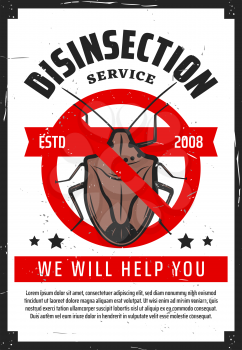 Pest control service, professional home disinsection vintage poster. Vector disinsection and extermination of parasite bugs, cockroaches and ticks, premium quality pest control