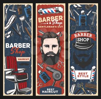 Barbershop and hair salon retro poles, hipster man with beard and mustache vector banners. Hairdresser chair with straight razors, haircut shavers and scissors, combs, blades, clippers and colognes