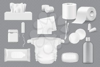 Hygiene product 3d mockups with vector soap, cotton wool, pads and swabs, paper napkins, wet wipe and toilet paper. Realistic floss, diaper and tampon, ear plugs and bottle of micellar water