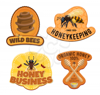 Honey icons, natural beekeeping food production, package labels. Vector apiculture icons of bee on honeycomb, beehive and wooden dipper spoon on honey splash dripping