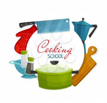Cooking school and chef cook academy poster. Vector culinary and home cooking master class, catering service workshop course, kitchen appliances and kitchenware cooking utensils