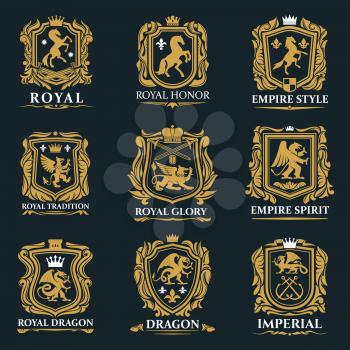 Heraldic animals, royal heraldry shields with Pegasus horse, Griffin lion and Medieval crowns. Vector imperial heraldic fleur de lis coat of arms and emblems, gryphon or griffon eagle