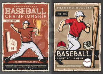 Baseball victory cup championship and professional spot batter bat, glove and ball equipment shop. Vector vintage retro posters, softball team and college league club players tournament