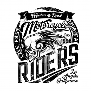 Biker club emblem, skull and wings icons, motorcycle racers and motorbike racing. Vector gunge T-shirt print of Los Angeles and California motorbike road masters gang with ribbon