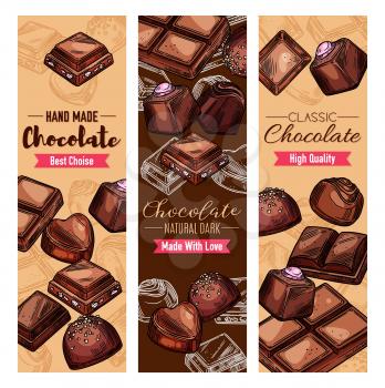 Chocolate candies and sweet desserts, candies with praline, nuts or cocoa and cherry topping, dark bitter and milk chocolate bars. Vector natural handmade chocolate candy package, vintage sketch