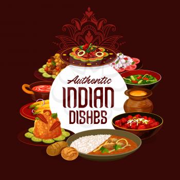 Indian cuisine restaurant menu, traditional India food dishes. Vector fish salad, perch in Bengali style and lamb meat skewers, bughi bahor snack with rice garnish and curry chicken