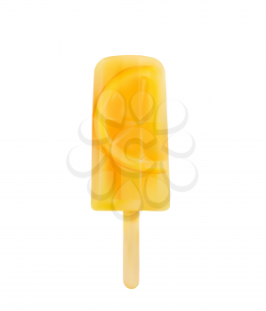 Fresh ice cream stick with lemon. Frozen orange or lemon juice on wooden stick with slice of raw fruit inside, 3d realistic vector summer cold dessert or popsicle with tropical fruit