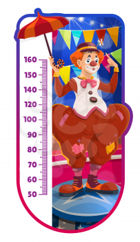 Kids height chart, cartoon shapito circus clown with umbrella growth measure meter. Vector wall ruler with big top tent arena artist in bright costume perform on arena, baby height measurement scale