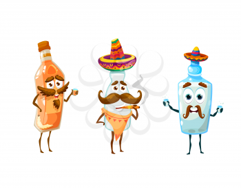 Cartoon Mexican pulque, mezcal and tequila characters, vector bottles icons. Viva Mexico or Mexican fiesta party symbols of alcohol drinks tequila, pulque and mezcal with sombreros and mustaches