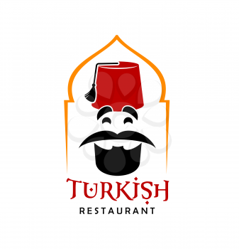 Turkish cuisine restaurant chef icon. Vector emblem with bearded Turk in traditional fez inside of arch isolated on white background. Turkey food label for cafe, menu design or national food festival