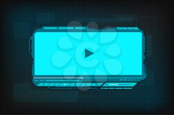 HUD video player futuristic screen interface. Vector digital Ui, ux hi-tech skin, web design for online movie content playing. Ski-fi template with play button, menu bar and slider on neon background