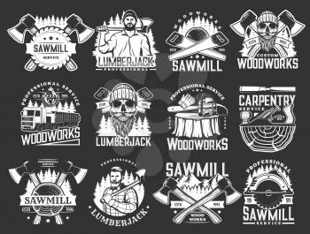 Lumberjack, woodworks, carpentry and sawmill vector icons with logger or woodcutter men, axes and forest trees. Lumberjack skull with beard, wood cut, log and hatchet, saw, logging truck and plane