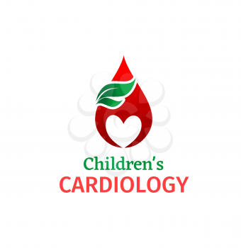 Childrens cardiology isolated vector icon of heart health, medicine and health care. Human heart in red drop of blood with green leaves, cardiology medical center or hospital emblem design