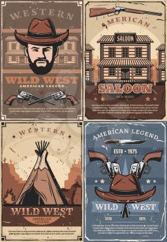 Western retro saloon, bandit and indian wigwam, crossed guns. Vector wild west indians native dwelling, sheriff in cowboy hat. American legend, knives and retro building, pistols weapons and cactuses