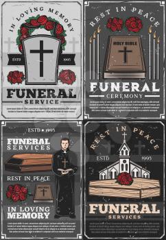 Funeral service and retro burial ceremony agency. Vector cemetery crosses, Christian church chapel and coffin, priest and memorial rose flowers, rest in peace. Mortuary candles, bible and RIP wreathes
