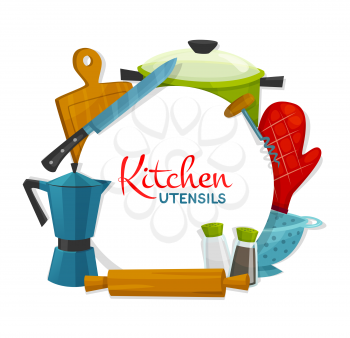 Kitchen utensils and appliances round frame. Vector cooking pot, bakery glove and colander, salt pepper containers, rolling pin. Electric coffee kettle, sharp butcher knife, cutting board, corkscrew