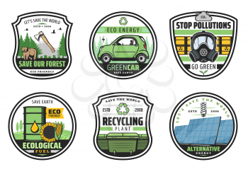 Save ecology isolated icons. Vector deforestation symbol with bear animal and ax, save forest, green eco car and stop pollution sign. Ecological fuel and recycling plant, alternative energy sources