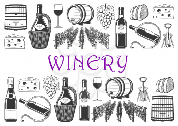 Winery monochrome icons, wine production and winemaking industry. Vector wooden barrel and vineyards, glass of wine, vine harvest. Corkscrew, cheese and bread snacks, bottle in holder and grape bunch