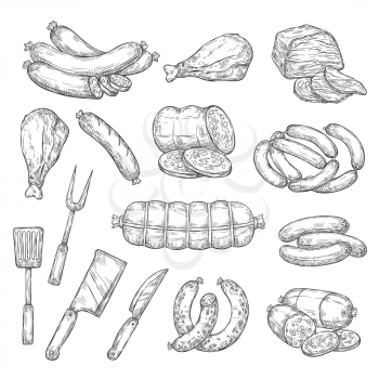 Meat food, sausages and kitchen cutlery isolated monochrome sketches. Vector beef and pork, lamb and mutton salami, bacon ham and chicken leg. Frankfurter and turkey, butcher shop and knife, fork