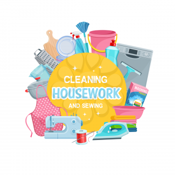 Housework tools, cleaning and sewing items banner, household appliances round frame. Vector dishwashing and sewing machine, iron and apron, washing powder and detergents. Brush and basket, plate