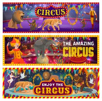 Circus show on big arena, clowns, jungles and trained animals. Vector tamer in big top circus, roaring lion and wild tiger. Juggling monkeys, elephant on ball, gymnast and burning circles, dove birds