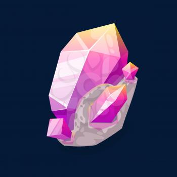 Pink rock gem, purple mineral isolated on dark blue. Vector crystalline stone or gemstone sapphire. Jewelry precious stone or organic ruby crystal, mineralogy symbol. Quartz, semiprecious gem