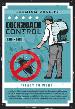 Cockroach control, man in protective mask exterminating termites. Vector retro exterminator worker with balloon spraying bugs insects. Container with toxic insecticide, disinfection, home protection