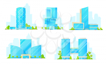 Business centers isolated multi-storey buildings. Vector modern skyscrapers, facades of shopping malls, exterior design with trees and parking zone. Fashionable offices, real estate constructions