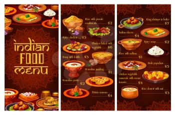 Indian restaurant vector menu with rice, meat, vegetable and seafood dishes. Spicy chicken, pilau and lentil soup, paneer cheese, potato samosa, battered shrimps and semolina pudding