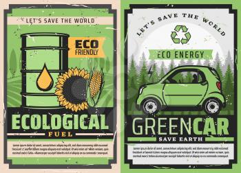 Electric car and eco green fuel posters of ecology clean energy and environment friendly vehicle vector design. Hybrid auto and barrel of bio fuel with green leaf, recycle symbol, sunflower and corn