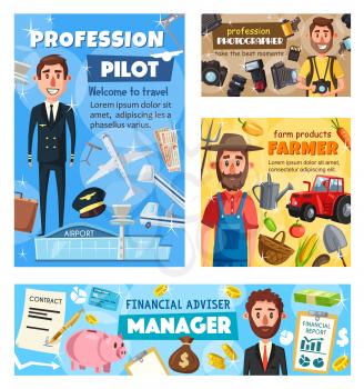 Pilot, farmer, photographer and business manager professions vector design of photography, finance, transportation and agriculture industry occupations. Men with camera, airplane, tractor, money