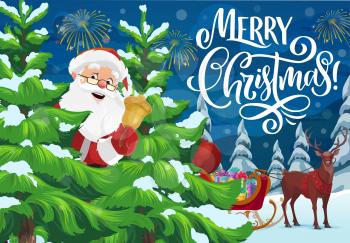 Santa Claus with Christmas bell and reindeer sleigh full of Xmas gifts vector greeting card. Winter forest pine trees with snowy branches, New Year gifts and fireworks. Merry Christmas holidays design