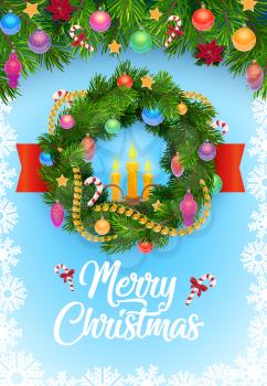 Christmas wreath vector greeting card in frame of Xmas tree and snowflakes. Pine and fir garland with balls, stars and candles, candies, ribbons and poinsettia, New Year winter holidays design