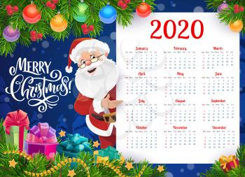 Santa Claus with Christmas gifts and New Year calendar vector template. Xmas tree, decorated with balls, present boxes and ribbon bows, stars and lights, winter holidays design