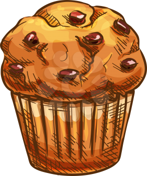Muffin with raisins vector, bakery product sketch icon. Pastry food and dried grapes isolated