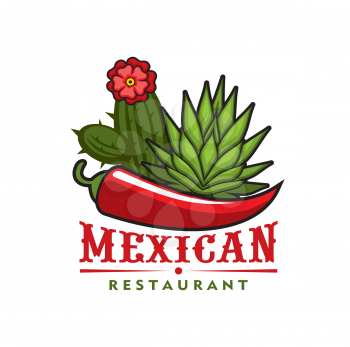 Mexican restaurant vector icon of Mexico cuisine spice food design. Isolated hot red chilli pepper and green leaves of agave cactus with flower emblem or symbol of Mexican tex-mex cafe or bistro