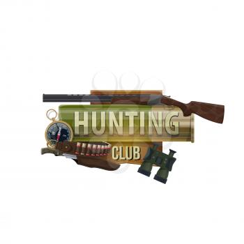 Hunting sport club icon, hunter equipment and hunt ammo, vector symbol. African safari hunt and forest wild animals trophy open season ammunition rifle gun, bullet cartridge bandoleer and compass