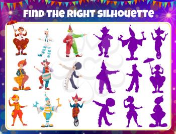 Shadow match game, circus clowns silhouettes, kids puzzle boardgame, vector background. Find correct clown shadow, children brain activity and leisure entertainment tabletop game