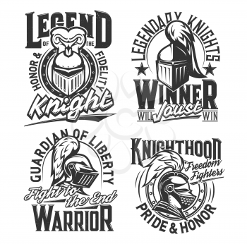 Tshirt prints with knight heads, vector mascots for fight or sport club apparel. Medieval soldiers, warriors helmet with plumage and visor front and side view. T shirt print or emblems with typography