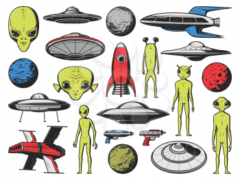 UFO, aliens spaceships and planets. Vector humanoid aliens, extraterrestrial creatures with green skin and big eyes, fantasy spacecraft, futuristic rockets and flying saucers, blaster fictional gun