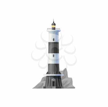 Lighthouse vector icon, beacon or sea light house and coast tower in the rocks. Lighthouse beacon for ships navigation and safe seafaring, ocean harbor port light guide and night signal