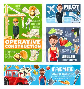 Farmer, pilot, seller and construction engineer occupations vector design, airman, architect, cashier and gardener with work tools. Professions of construction, retail, agriculture and transportation