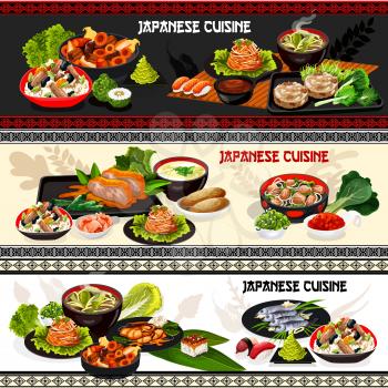 Japanese cuisine seafood sushi, meat and fish dishes, served with vegetables and rice vector banners. Mushroom miso soup, chicken rice and egg noodle, pork in ginger sauce, yam dip and baked potato
